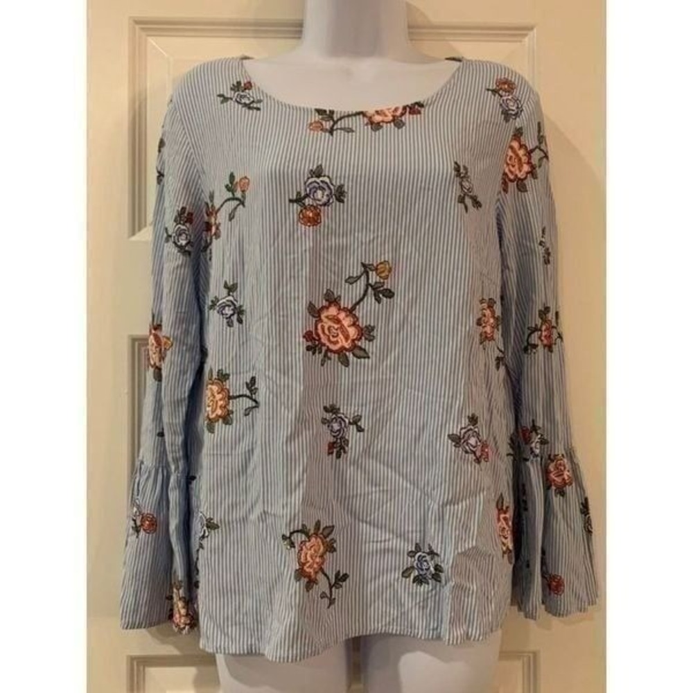 Alexander Jordan Blue Stripe Pink Floral Print Bell Sleeve Blouse Large Grandma